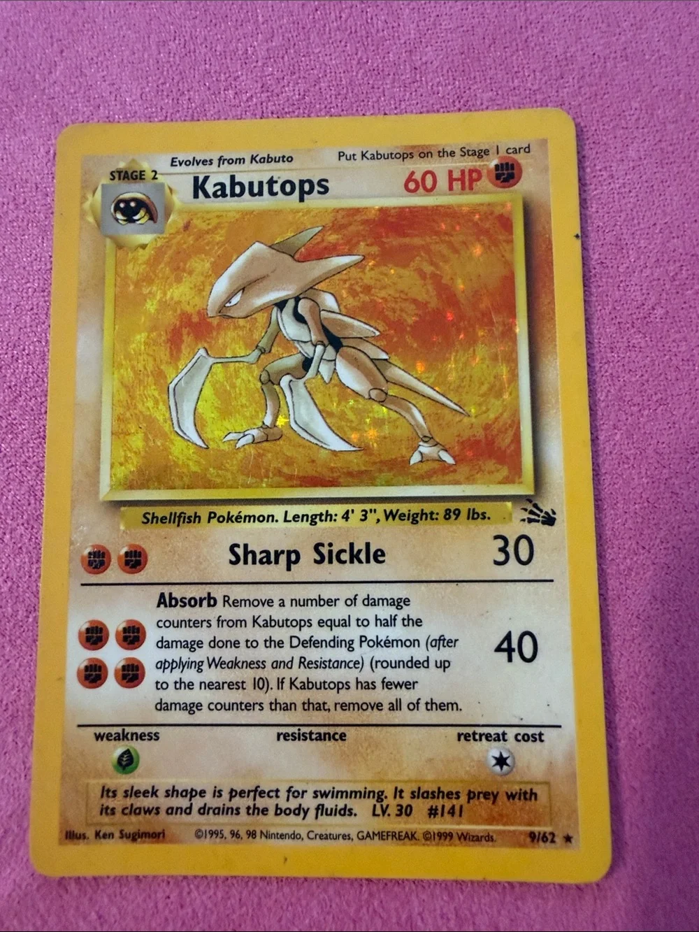 Pokemon Kabutops Holographic Trading Card Yellow Border Gold Artwork